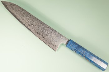 Hatsukokoro Ginyo Silver 3 Damascus Wa-Gyuto 215mm blau stabilisiert
