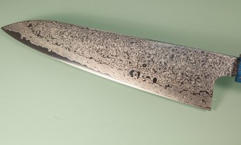 Hatsukokoro Ginyo Silver 3 Damascus Wa-Gyuto 215mm blau stabilisiert