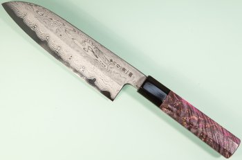 Nakagawa Satoshi Blue 1 Damascus Wa-Santoku 170mm rot stabilisiert/Bffelhorn