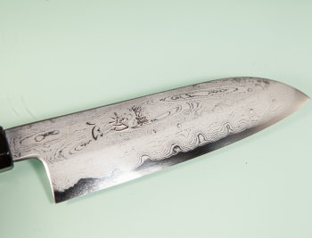 Nakagawa Satoshi Blue 1 Damascus Wa-Santoku 170mm rot stabilisiert/Bffelhorn