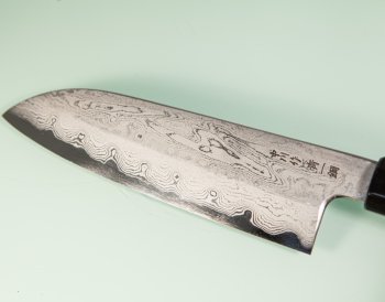 Nakagawa Satoshi Blue 1 Damascus Wa-Santoku 170mm rot stabilisiert/Bffelhorn