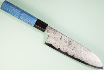 Nakagawa Satoshi Blue 1 Damascus Wa-Santoku 170mm blau stabilisiert/Bffelhorn