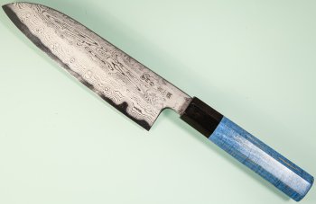 Nakagawa Satoshi Blue 1 Damascus Wa-Santoku 170mm blau stabilisiert/Bffelhorn