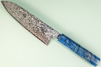 Hatsukokoro Ginga ATS-34 Nickel Damascus Wa-Santoku 185mm blau stabilisiert