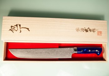 Takeshi Saji R2 black Damascus Sakimaru 250mm Blue Acryl