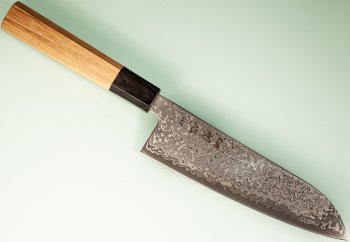 Hatsukokoro Hikari SLD Damascus Kurozome Wa-Santoku 170mm Teak