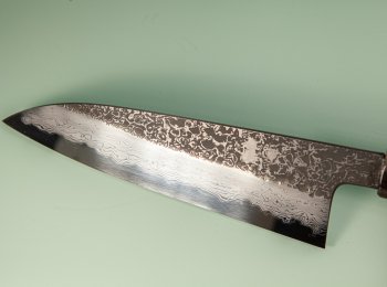 Masuda Yoshihide Blue 1 Damascus Kurouchi Wa-Santoku 195mm Ebenholz/Bffelhorn