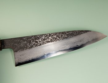 Masuda Yoshihide Blue 1 Damascus Kurouchi Wa-Santoku 195mm Ebenholz/Bffelhorn