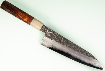 Masuda Yoshihide Blue 1 Damascus Kurouchi Wa-Santoku 195mm Rosenholz/Bffelhorn