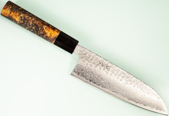 Tsunehisa G3 Tsuchime Damascus Wa-Santoku 170mm orange stabilisiert/B�ffelhorn