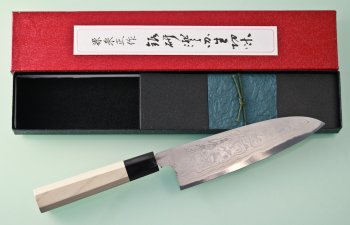 Blue 1 Damascus Santoku 180mm dunkles Bffelhorn V2